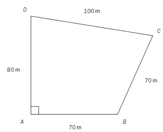 En geometrisk figur har fire hjørner: A, B, C og D. Vinkel A er 90 grader. AB er 70 m, BC er 70 m, CD er 100 m og AD er 80 m.